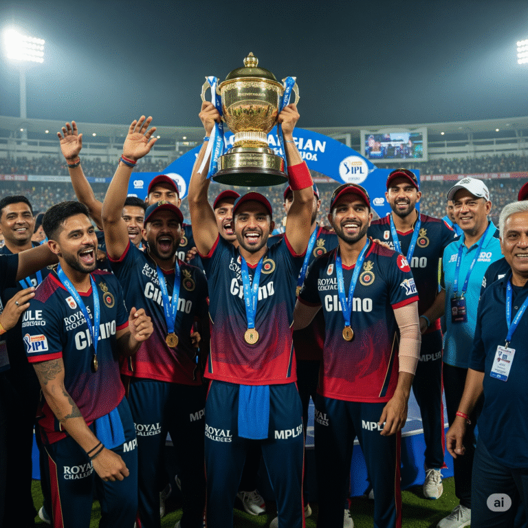 RCB ने जीता IPL 2025 ट्रॉफी: 17 साल का सपना पूरा, जश्न में डूबा बैंगलोर और पूरा देश RCB TEAM holding trophy
